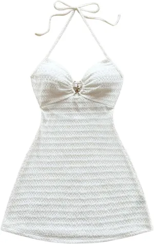 MakeMeChic Women's Textured Halter Dress Metal Starfish Backless Cut Out Summer Mini Dresses