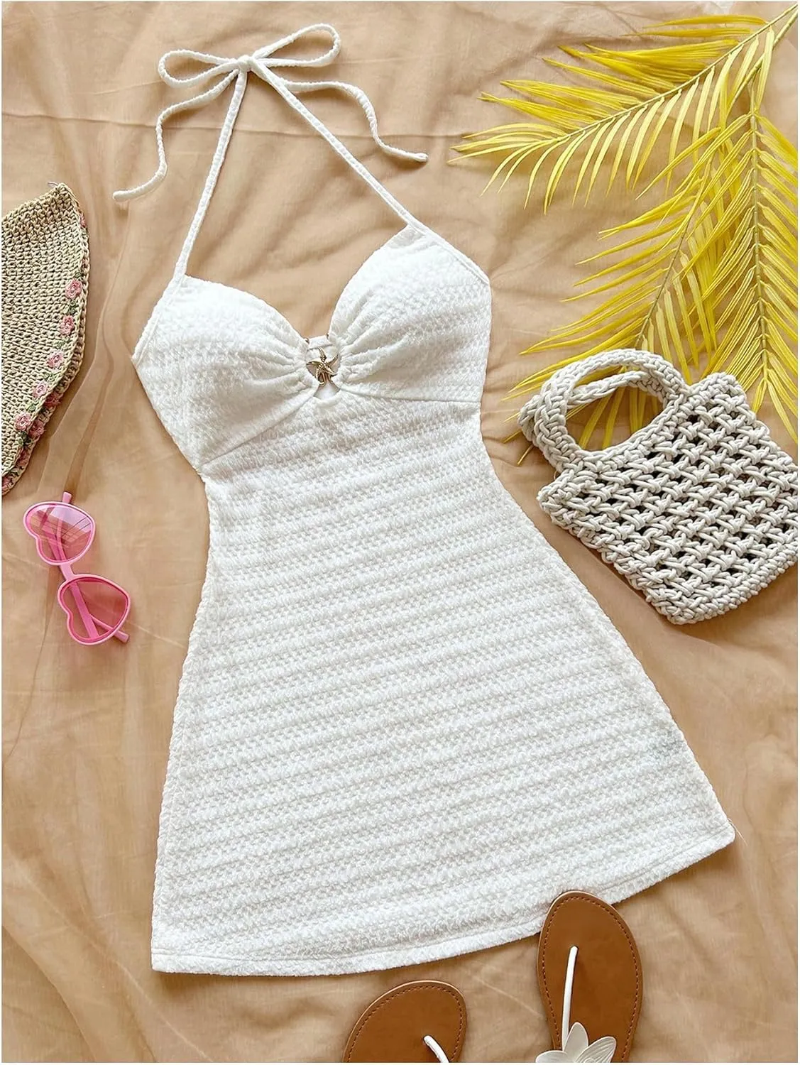 MakeMeChic Women's Textured Halter Dress Metal Starfish Backless Cut Out Summer Mini Dresses