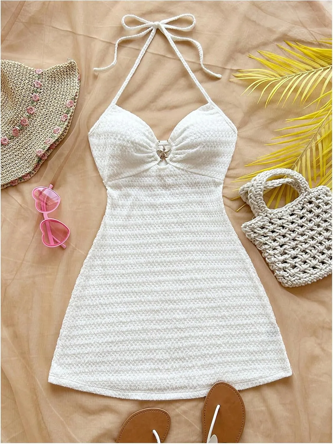 MakeMeChic Women's Textured Halter Dress Metal Starfish Backless Cut Out Summer Mini Dresses