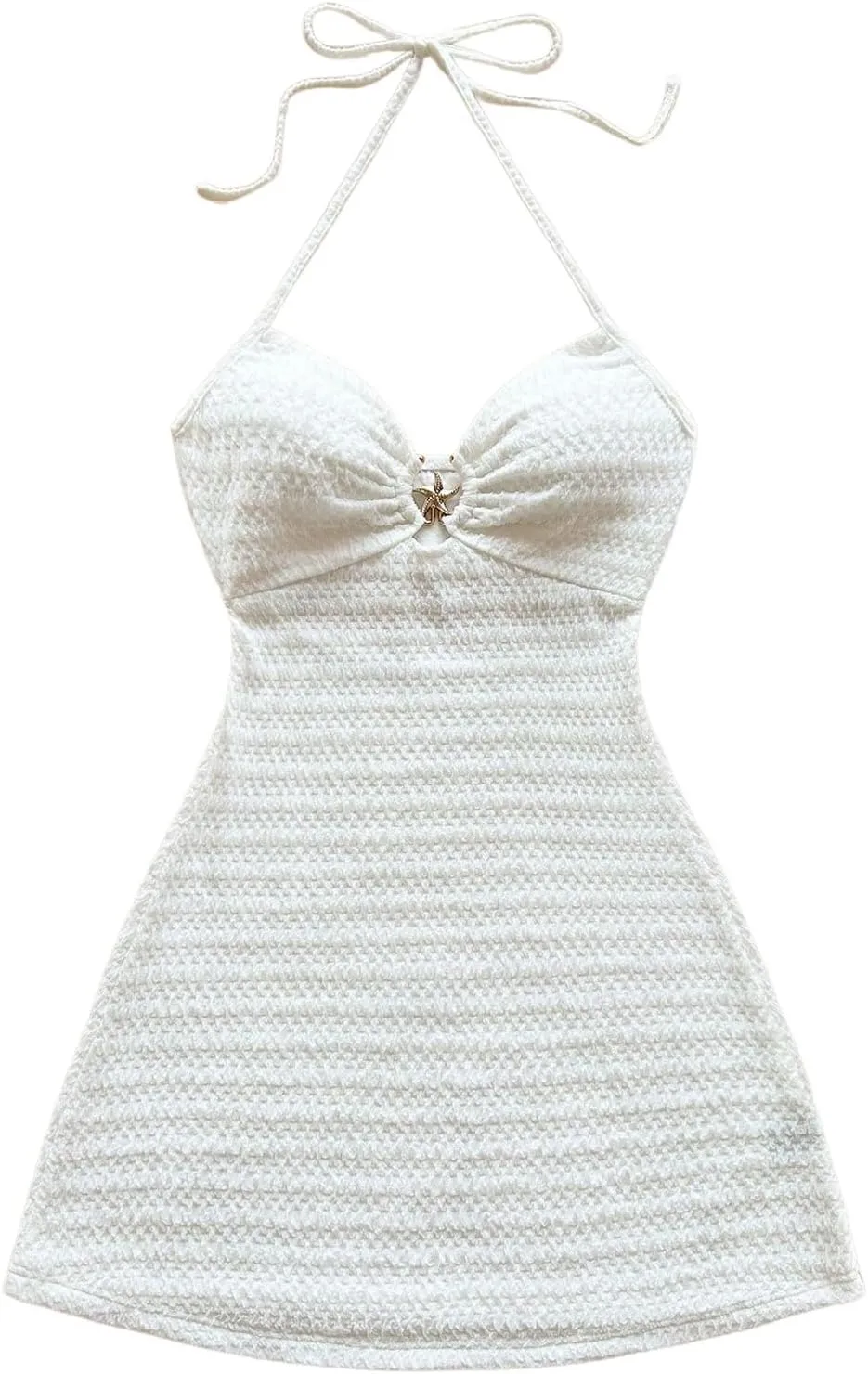 MakeMeChic Women's Textured Halter Dress Metal Starfish Backless Cut Out Summer Mini Dresses