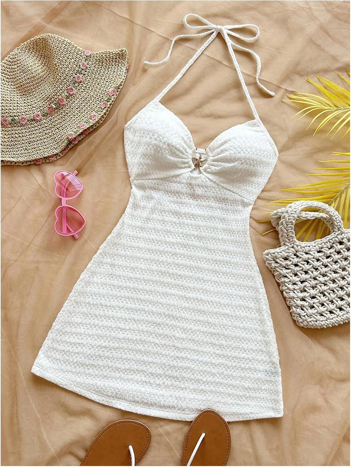 MakeMeChic Women's Textured Halter Dress Metal Starfish Backless Cut Out Summer Mini Dresses