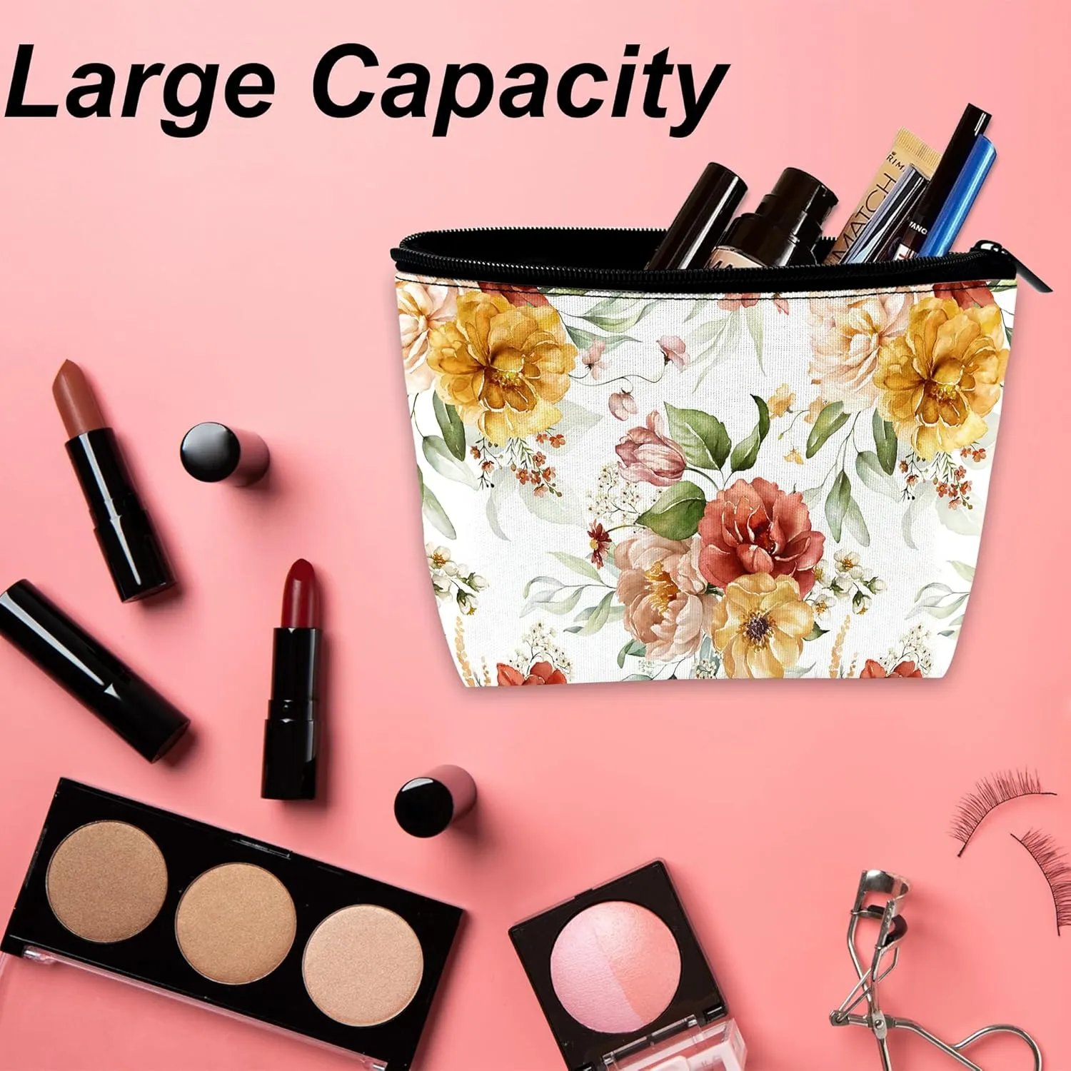 Makeup Bag Watercolor Floral Cosmetic Bag for Women, Waterproof Large Capacity Pink Blush Flowers Travel Toiletry Organizer 9.55.9 Inch