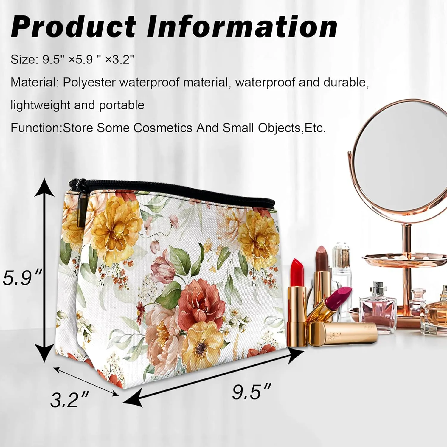 Makeup Bag Watercolor Floral Cosmetic Bag for Women, Waterproof Large Capacity Pink Blush Flowers Travel Toiletry Organizer 9.55.9 Inch
