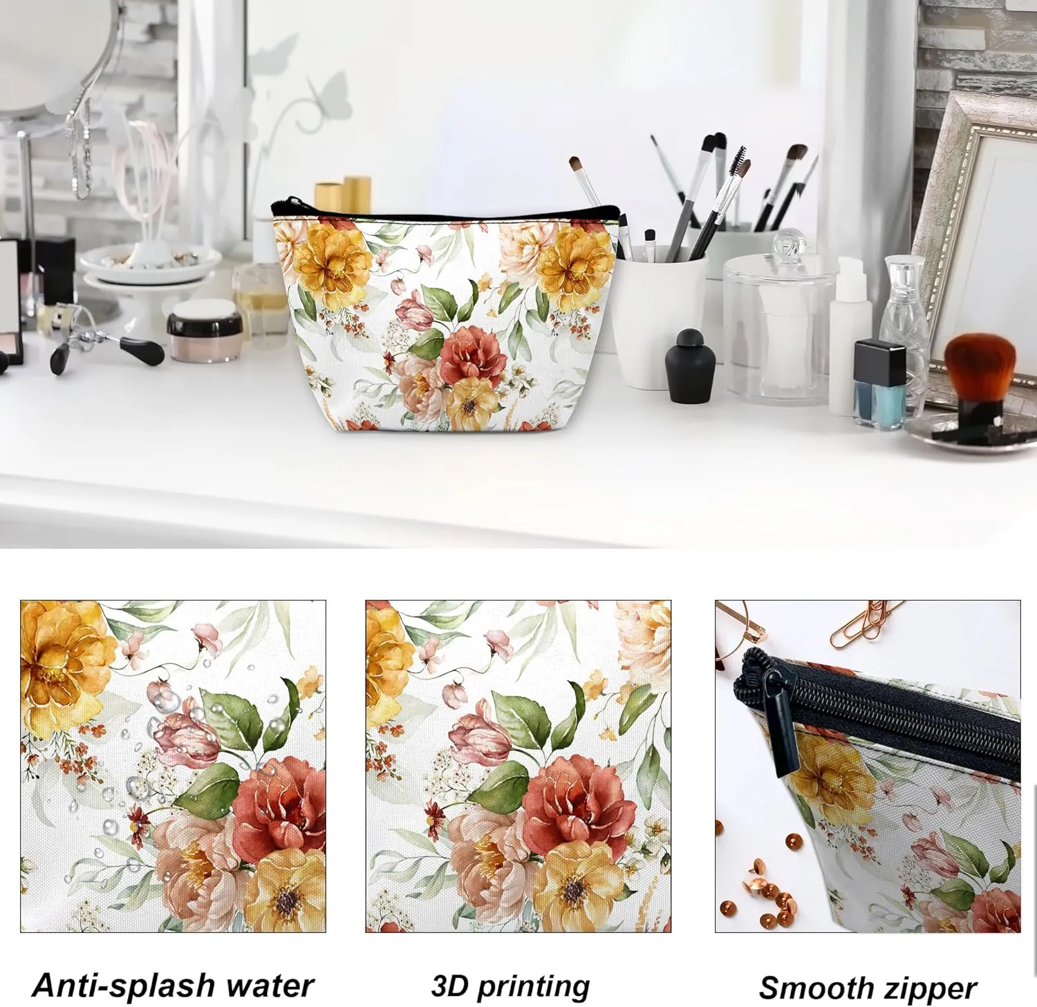 Makeup Bag Watercolor Floral Cosmetic Bag for Women, Waterproof Large Capacity Pink Blush Flowers Travel Toiletry Organizer 9.55.9 Inch