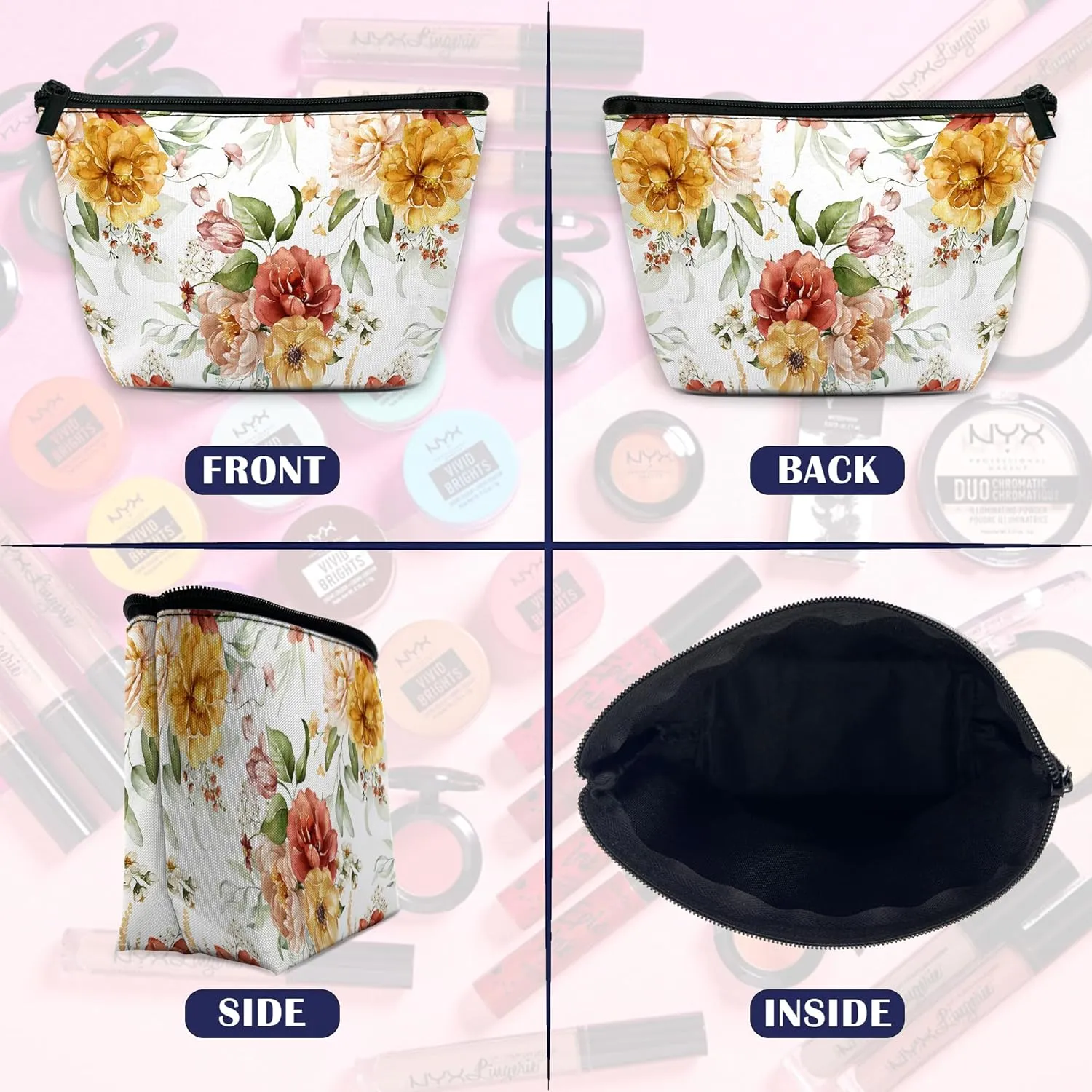 Makeup Bag Watercolor Floral Cosmetic Bag for Women, Waterproof Large Capacity Pink Blush Flowers Travel Toiletry Organizer 9.55.9 Inch