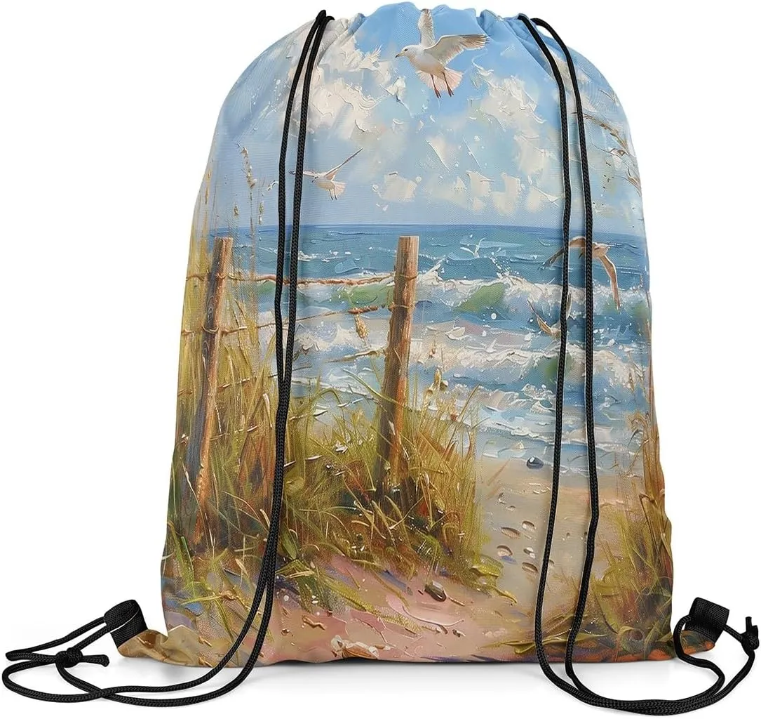 Manfei Coastal Style Drawstring Backpack,Blue Ocean Oil Painting Waterproof Sports Gym Bag,Beach Weed Plant Large Capacity for Travelling,Swimming,Beach
