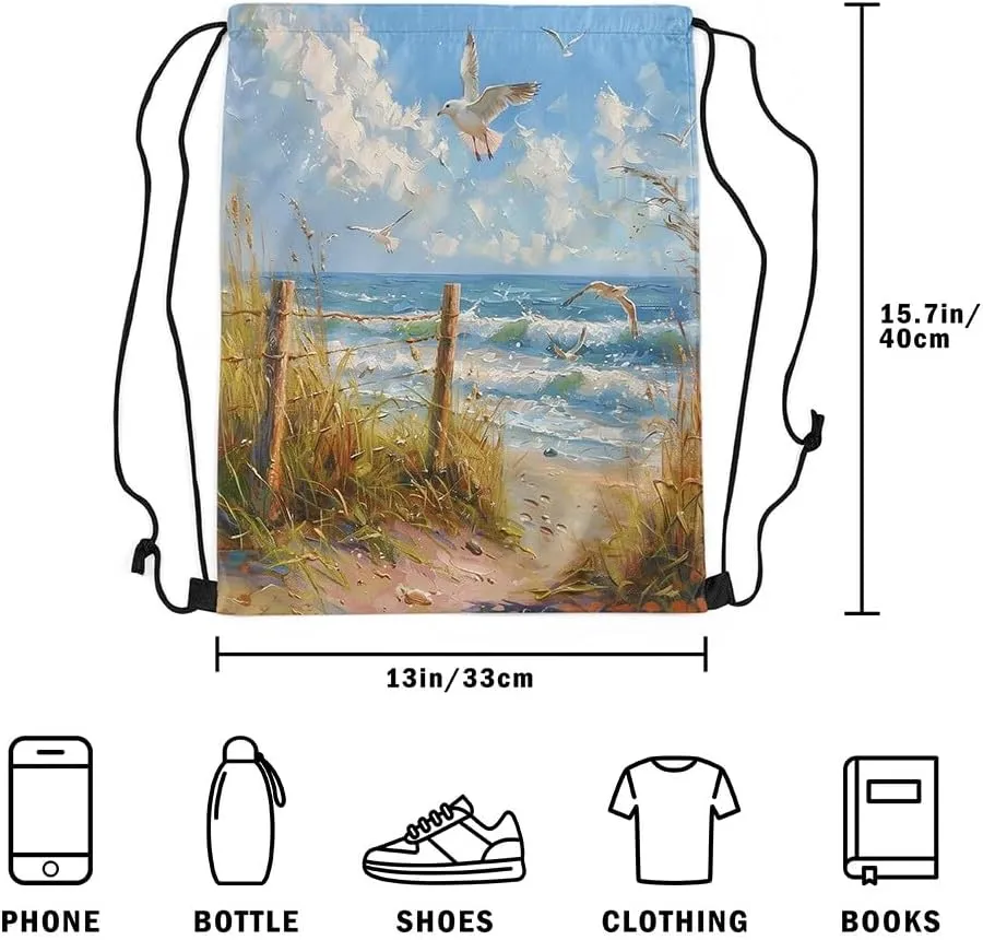 Manfei Coastal Style Drawstring Backpack,Blue Ocean Oil Painting Waterproof Sports Gym Bag,Beach Weed Plant Large Capacity for Travelling,Swimming,Beach