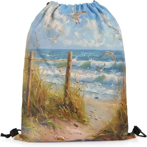 Manfei Coastal Style Drawstring Backpack,Blue Ocean Oil Painting Waterproof Sports Gym Bag,Beach Weed Plant Large Capacity for Travelling,Swimming,Beach
