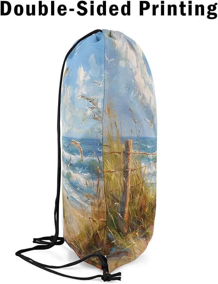 Manfei Coastal Style Drawstring Backpack,Blue Ocean Oil Painting Waterproof Sports Gym Bag,Beach Weed Plant Large Capacity for Travelling,Swimming,Beach