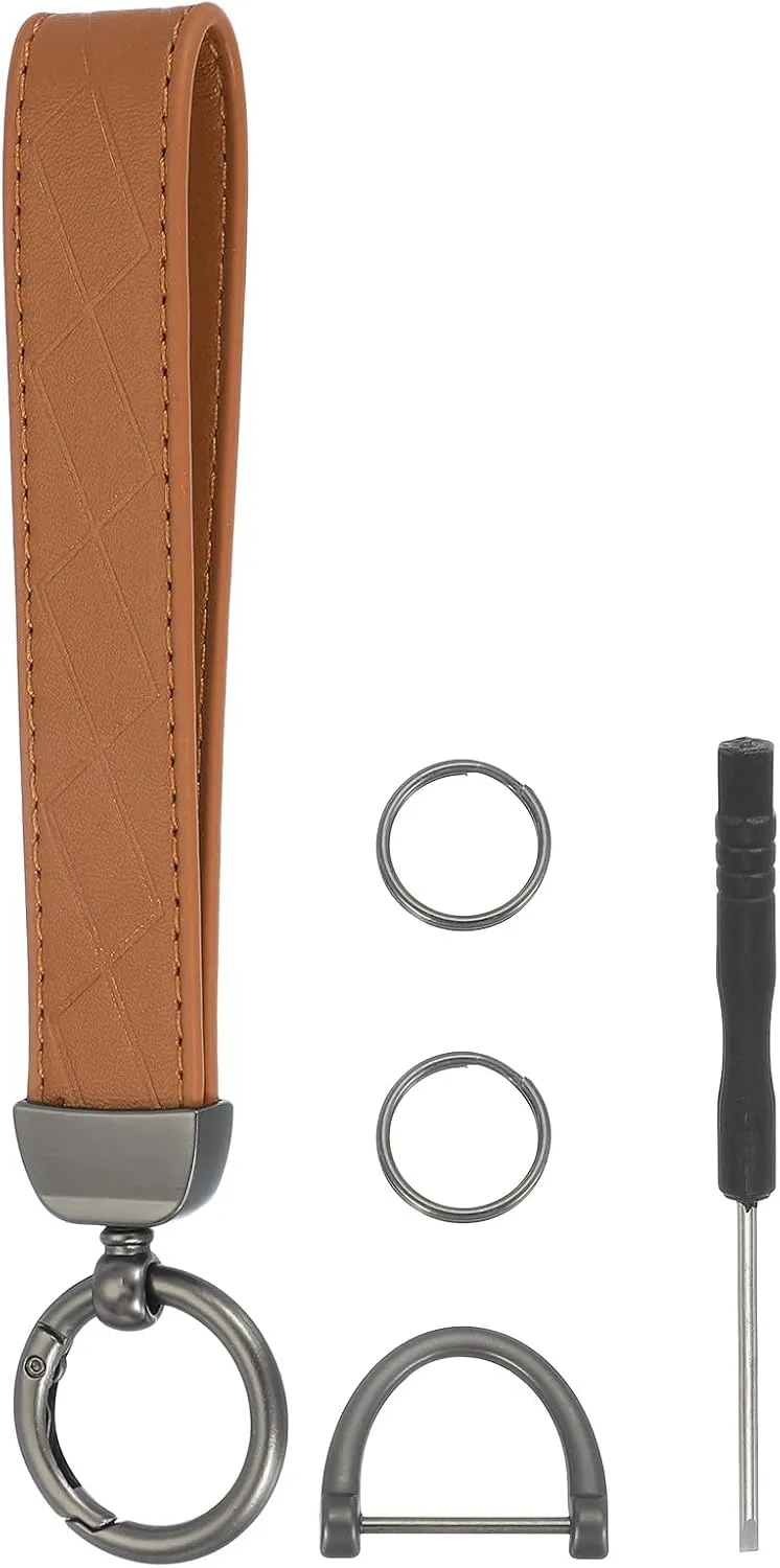 MECCANIXITY Leather Wristlet Keychain Car Key Chain Wristlet for Women, 7 Inch Key Fob Holder with D Ring and 2 Key Ring for Keys Wallets Purse, Black/Brown
