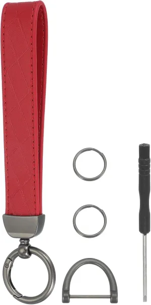 MECCANIXITY Leather Wristlet Keychain Car Key Chain Wristlet for Women, 7 Inch Key Fob Holder with D Ring and 2 Key Ring for Keys Wallets Purse, Black/Red