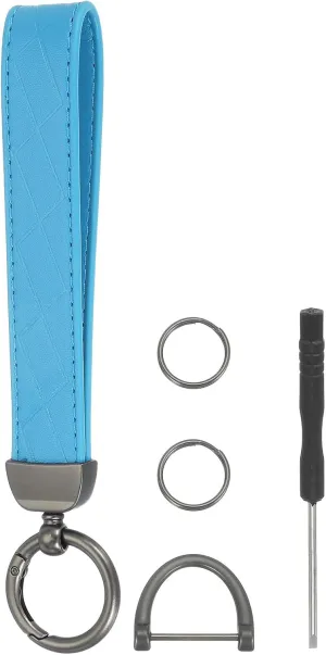 MECCANIXITY Leather Wristlet Keychain Car Key Chain Wristlet for Women, 7 Inch Key Fob Holder with D Ring and 2 Key Ring for Keys Wallets Purse, Black/Sky Blue