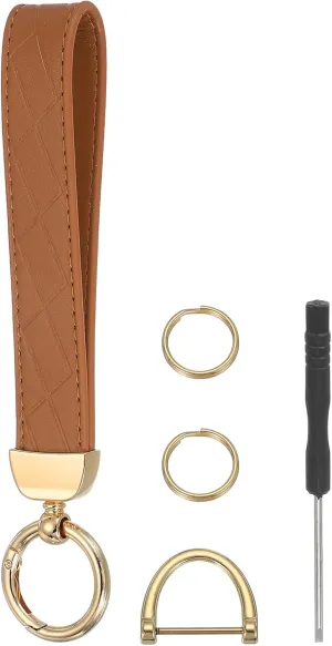 MECCANIXITY Leather Wristlet Keychain Car Key Chain Wristlet for Women, 7 Inch Key Fob Holder with D Ring and 2 Key Ring for Keys Wallets Purse, Gold Tone/Brown