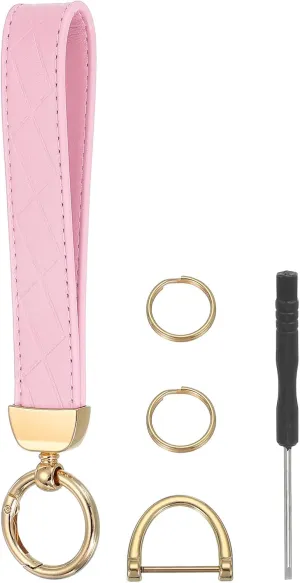 MECCANIXITY Leather Wristlet Keychain Car Key Chain Wristlet for Women, 7 Inch Key Fob Holder with D Ring and 2 Key Ring for Keys Wallets Purse, Gold Tone/Pink