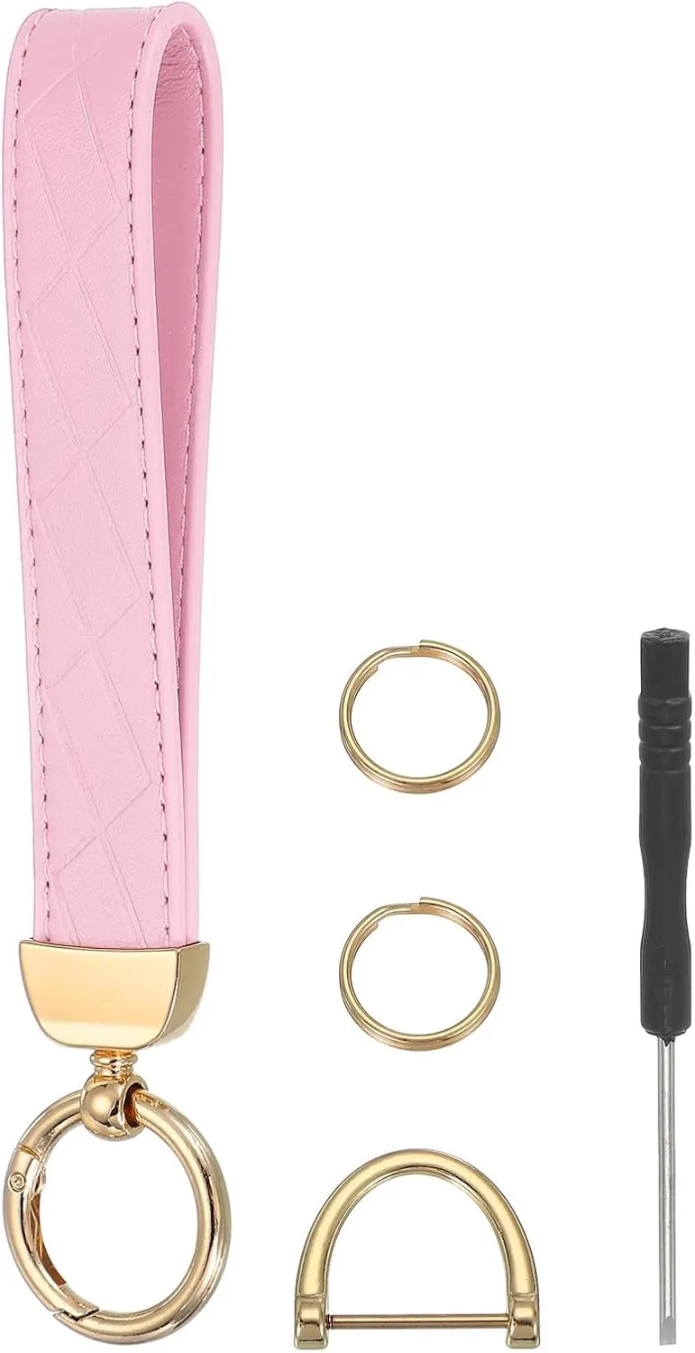 MECCANIXITY Leather Wristlet Keychain Car Key Chain Wristlet for Women, 7 Inch Key Fob Holder with D Ring and 2 Key Ring for Keys Wallets Purse, Gold Tone/Pink