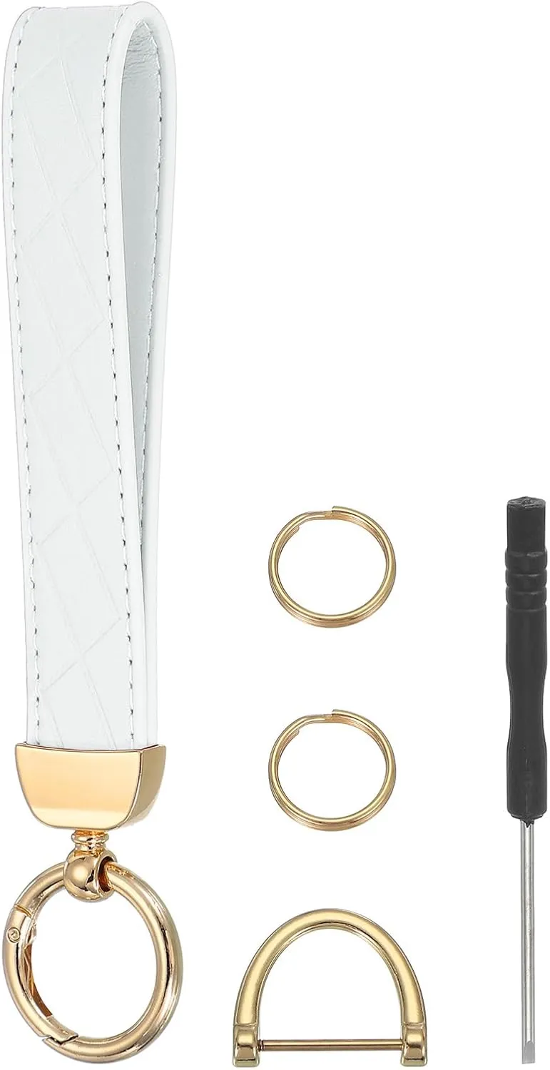 MECCANIXITY Leather Wristlet Keychain Car Key Chain Wristlet for Women, 7 Inch Key Fob Holder with D Ring and 2 Key Ring for Keys Wallets Purse, Gold Tone/White