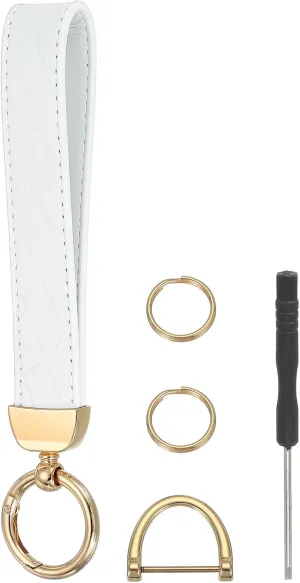 MECCANIXITY Leather Wristlet Keychain Car Key Chain Wristlet for Women, 7 Inch Key Fob Holder with D Ring and 2 Key Ring for Keys Wallets Purse, Gold Tone/White