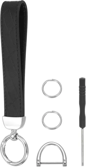 MECCANIXITY Leather Wristlet Keychain Car Key Chain Wristlet for Women, 7 Inch Key Fob Holder with D Ring and 2 Key Ring for Keys Wallets Purse, Silver Tone/Black