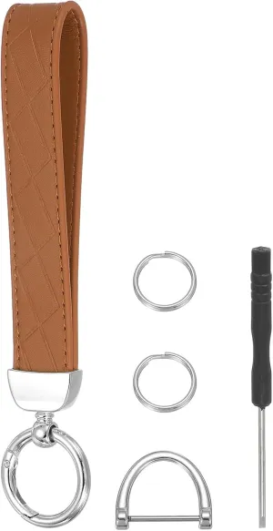 MECCANIXITY Leather Wristlet Keychain Car Key Chain Wristlet for Women, 7 Inch Key Fob Holder with D Ring and 2 Key Ring for Keys Wallets Purse, Silver Tone/Brown