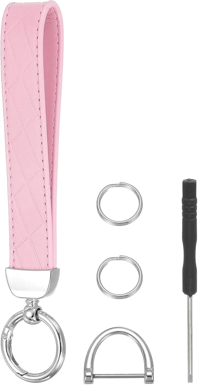 MECCANIXITY Leather Wristlet Keychain Car Key Chain Wristlet for Women, 7 Inch Key Fob Holder with D Ring and 2 Key Ring for Keys Wallets Purse, Silver Tone/Pink