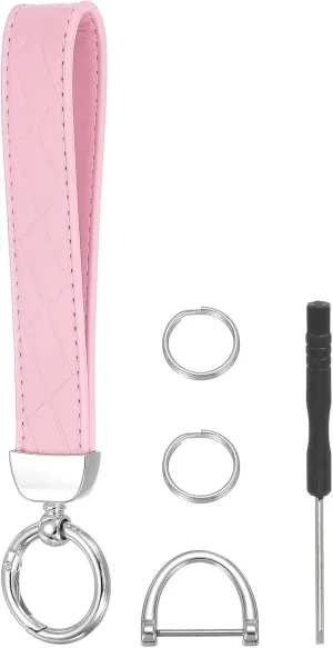 MECCANIXITY Leather Wristlet Keychain Car Key Chain Wristlet for Women, 7 Inch Key Fob Holder with D Ring and 2 Key Ring for Keys Wallets Purse, Silver Tone/Pink
