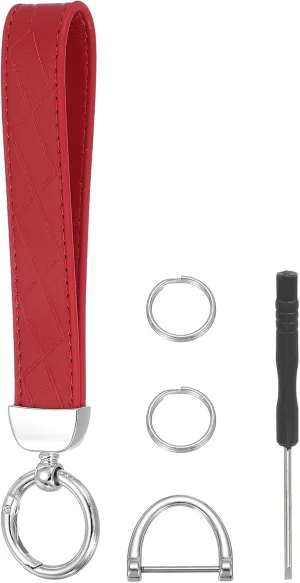 MECCANIXITY Leather Wristlet Keychain Car Key Chain Wristlet for Women, 7 Inch Key Fob Holder with D Ring and 2 Key Ring for Keys Wallets Purse, Silver Tone/Red