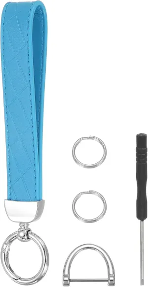 MECCANIXITY Leather Wristlet Keychain Car Key Chain Wristlet for Women, 7 Inch Key Fob Holder with D Ring and 2 Key Ring for Keys Wallets Purse, Silver Tone/Sky Blue
