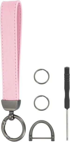 MECCANIXITY Leather Wristlet Keychain Car Key Chain Wristlet for Women, 7 Inch Key Fob Holder with D Ring and 2 Ring for Wallets Purse, Black/Pink