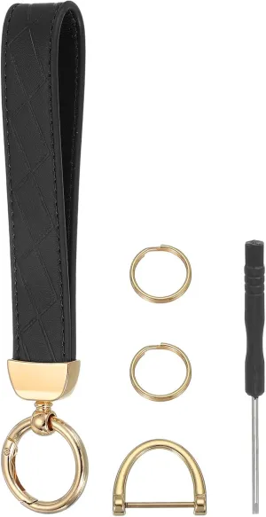 MECCANIXITY Leather Wristlet Keychain Car Key Chain Wristlet for Women, 7 Inch Key Fob Holder with D Ring and 2 Ring for Wallets Purse, Gold Tone/Black