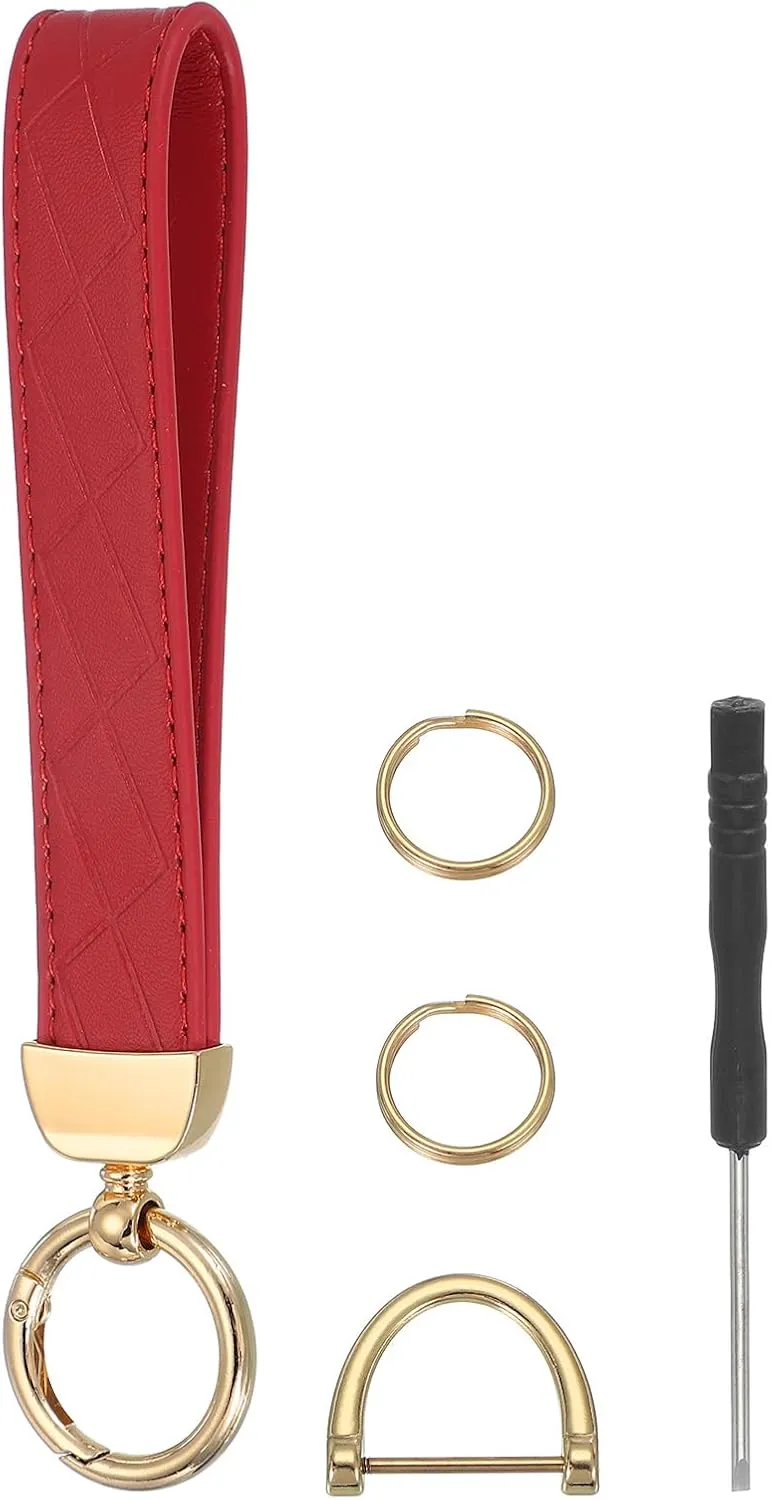 MECCANIXITY Leather Wristlet Keychain Car Key Chain Wristlet for Women, 7 Inch Key Fob Holder with D Ring and 2 Ring for Wallets Purse, Gold Tone/Red