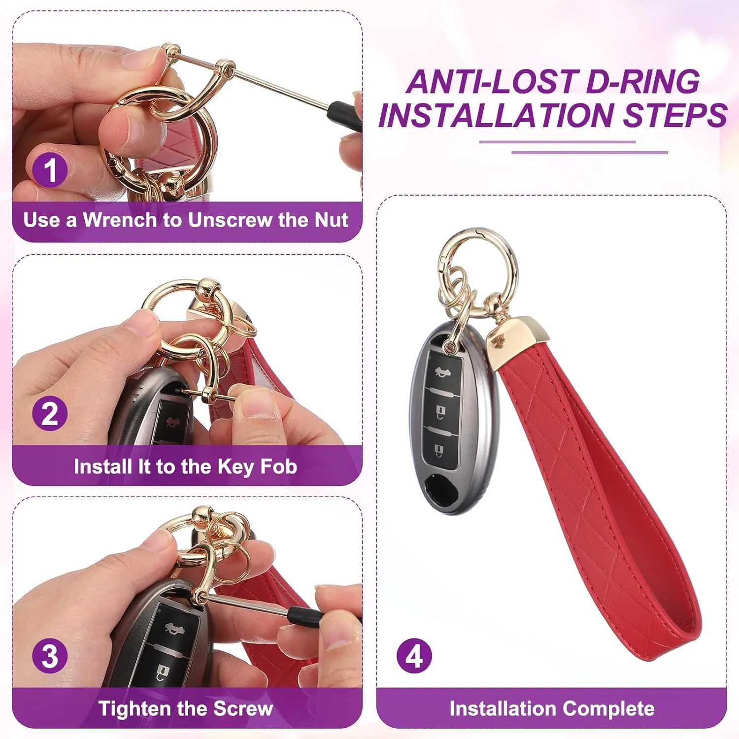 MECCANIXITY Leather Wristlet Keychain Car Key Chain Wristlet Key Fob Holder Bow Style with D Ring and Key Ring