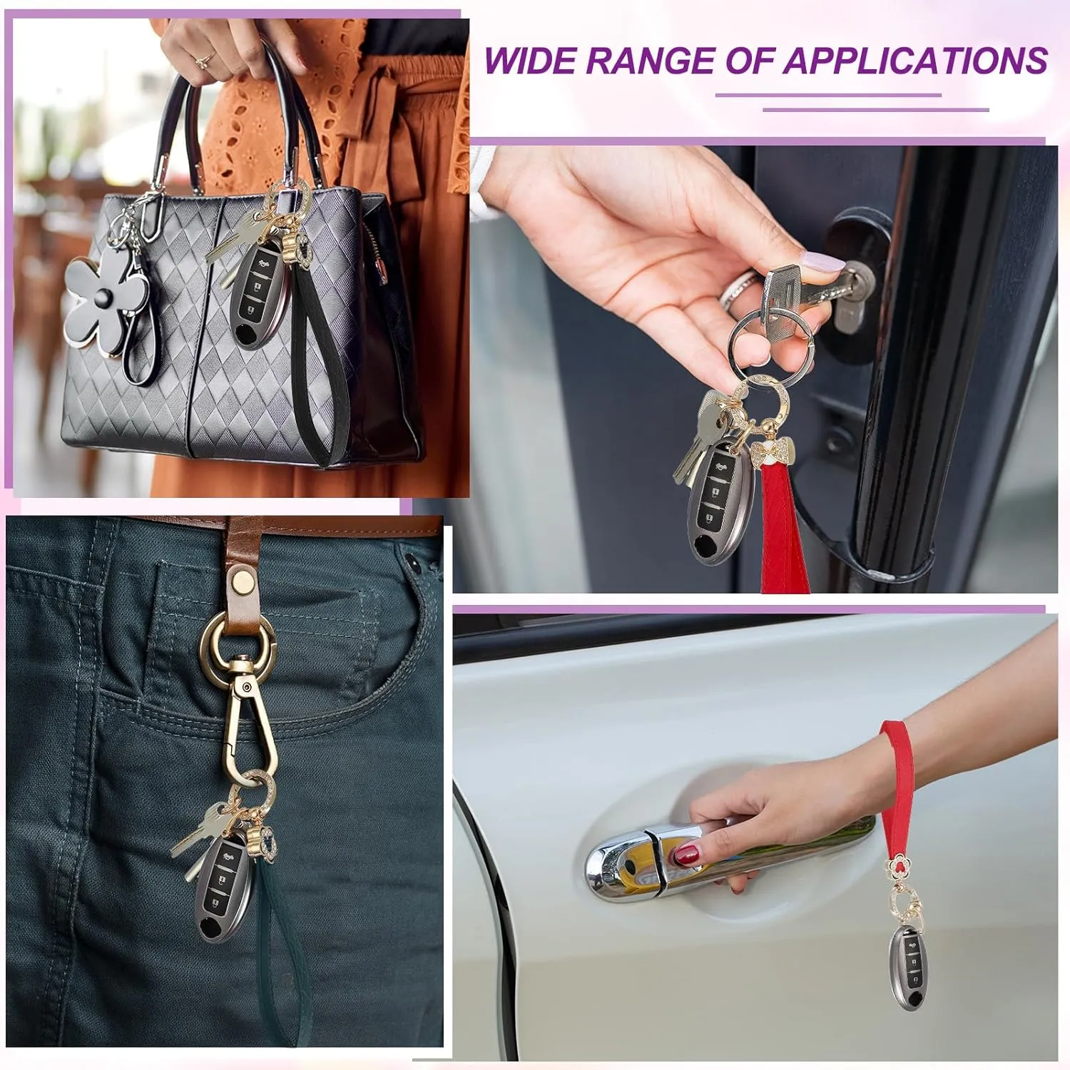 MECCANIXITY Leather Wristlet Keychain Car Key Chain Wristlet, Key Fob Holder Flower Style with D Ring and Key Ring