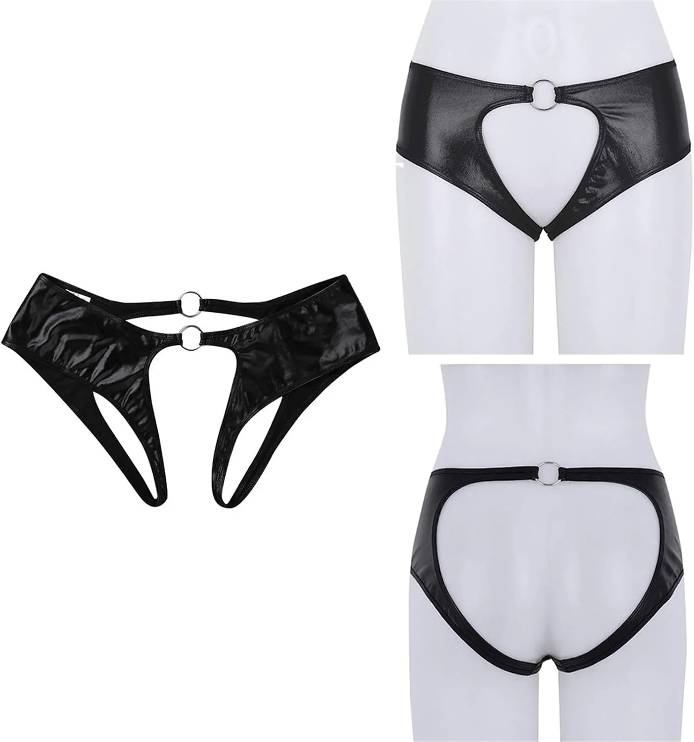 Men's Thongs, Briefs Woman Open Crotch Panties with O-Rings Faux Leather Thongs Underwear Lingerie (Color : Black, Size : Large)