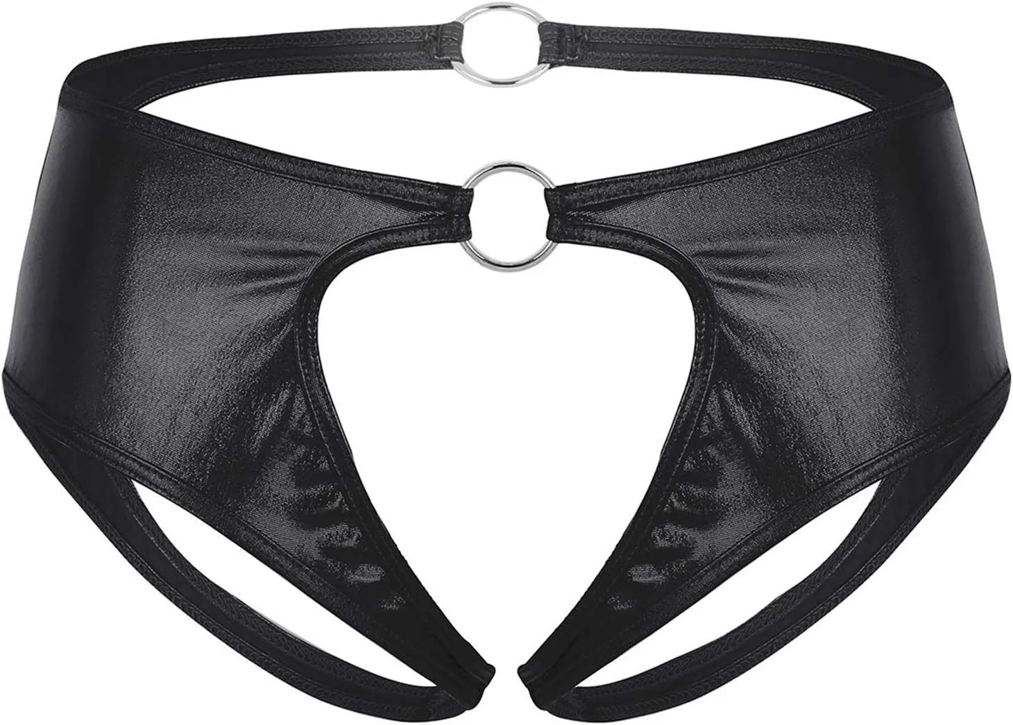 Men's Thongs, Briefs Woman Open Crotch Panties with O-Rings Faux Leather Thongs Underwear Lingerie (Color : Black, Size : Large)