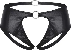 Men's Thongs, Briefs Woman Open Crotch Panties with O-Rings Faux Leather Thongs Underwear Lingerie (Color : Black, Size : Large)