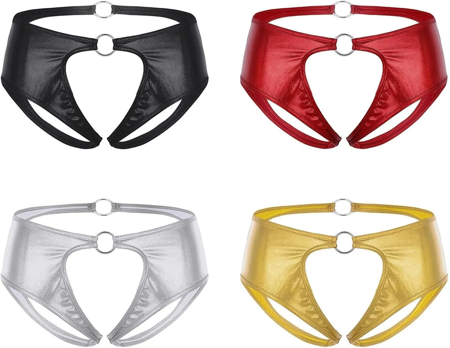 Men's Thongs, Briefs Woman Open Crotch Panties with O-Rings Faux Leather Thongs Underwear Lingerie (Color : Black, Size : Large)
