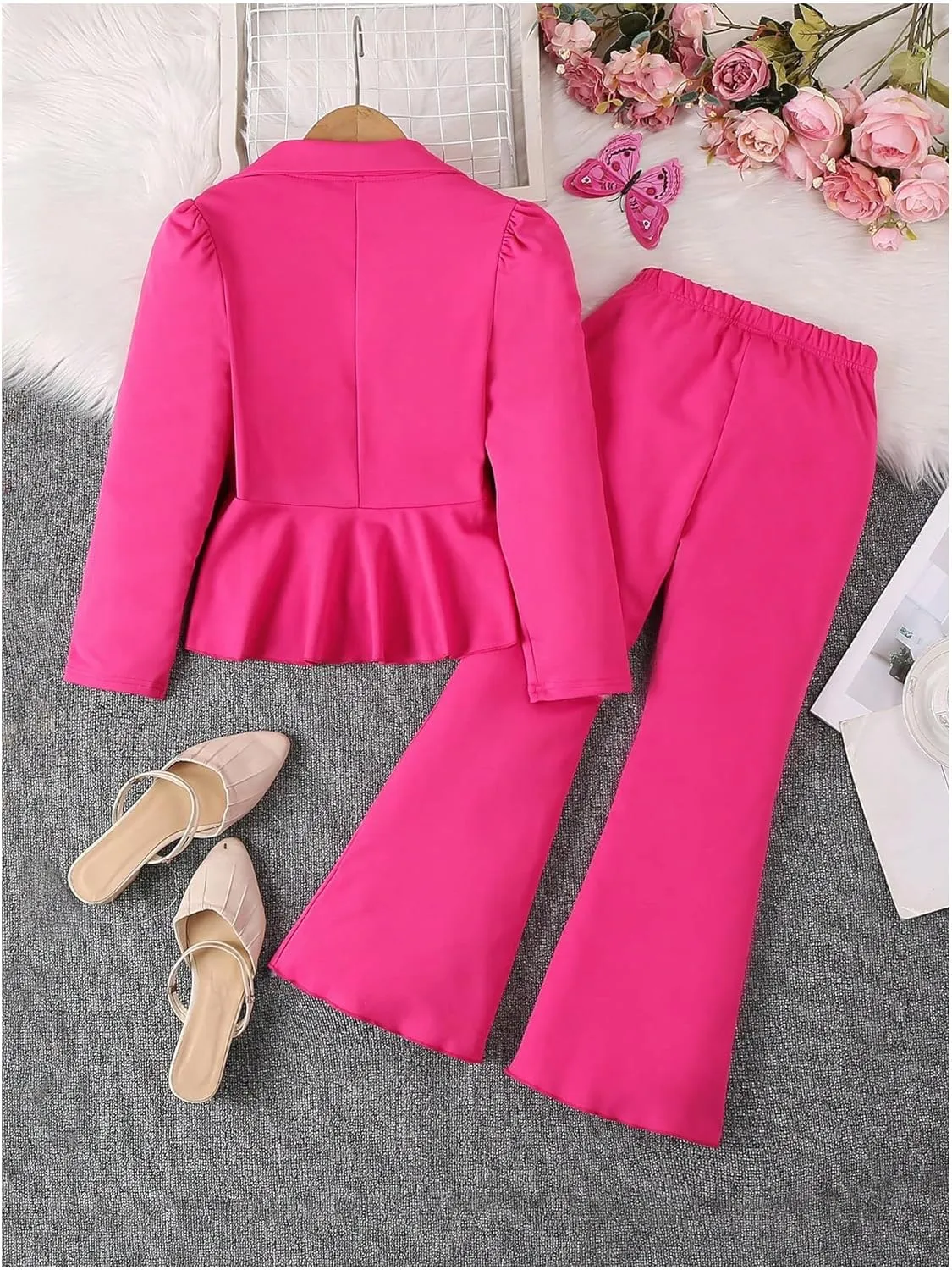 Milumia Girl's 2 Piece Outfits Ruffle Long Sleeve Button Blazer and Pants