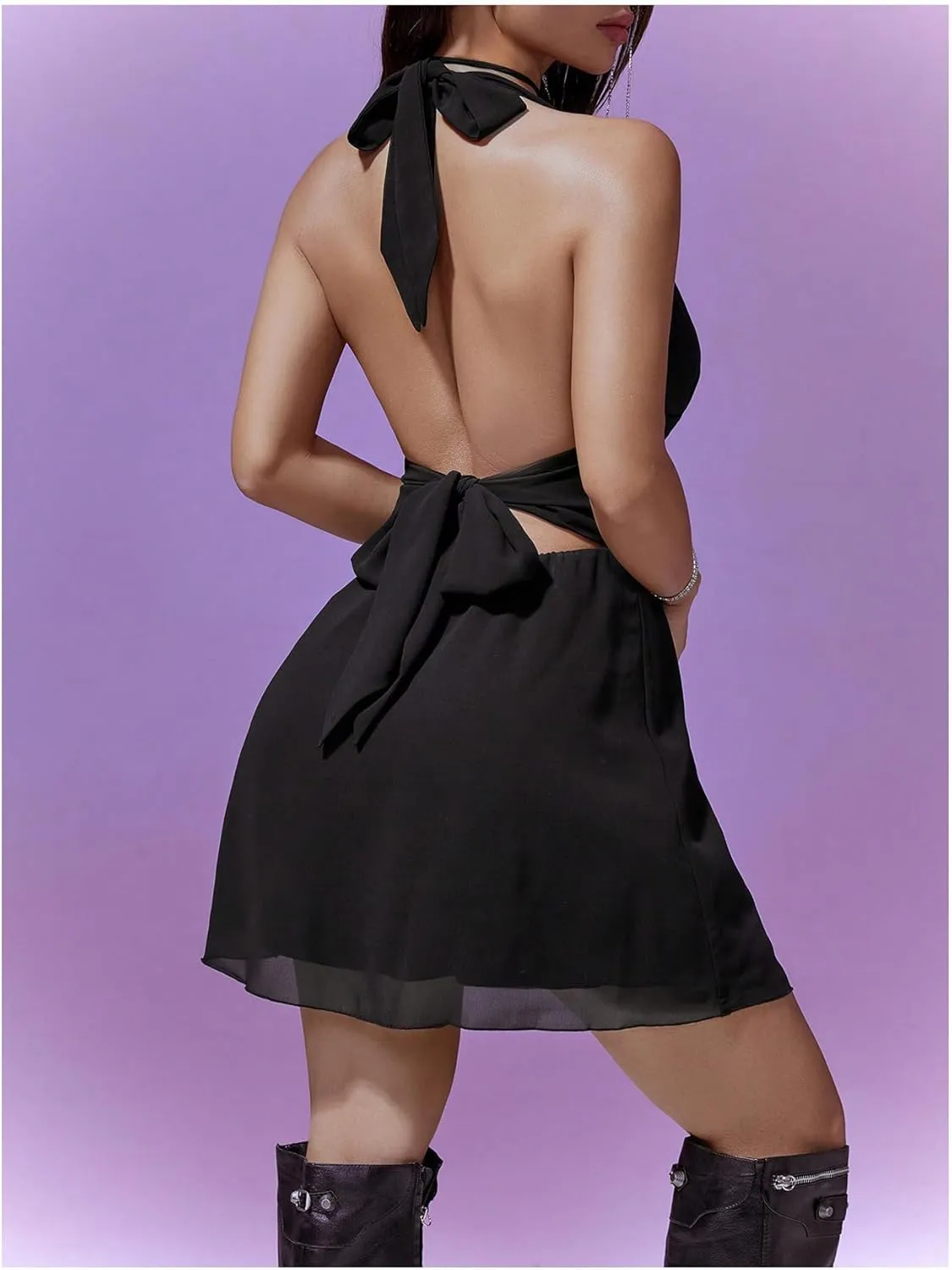 Milumia Women's Deep V Neck Halter Mini Dress Sexy Bow Tie Backless Short Dress