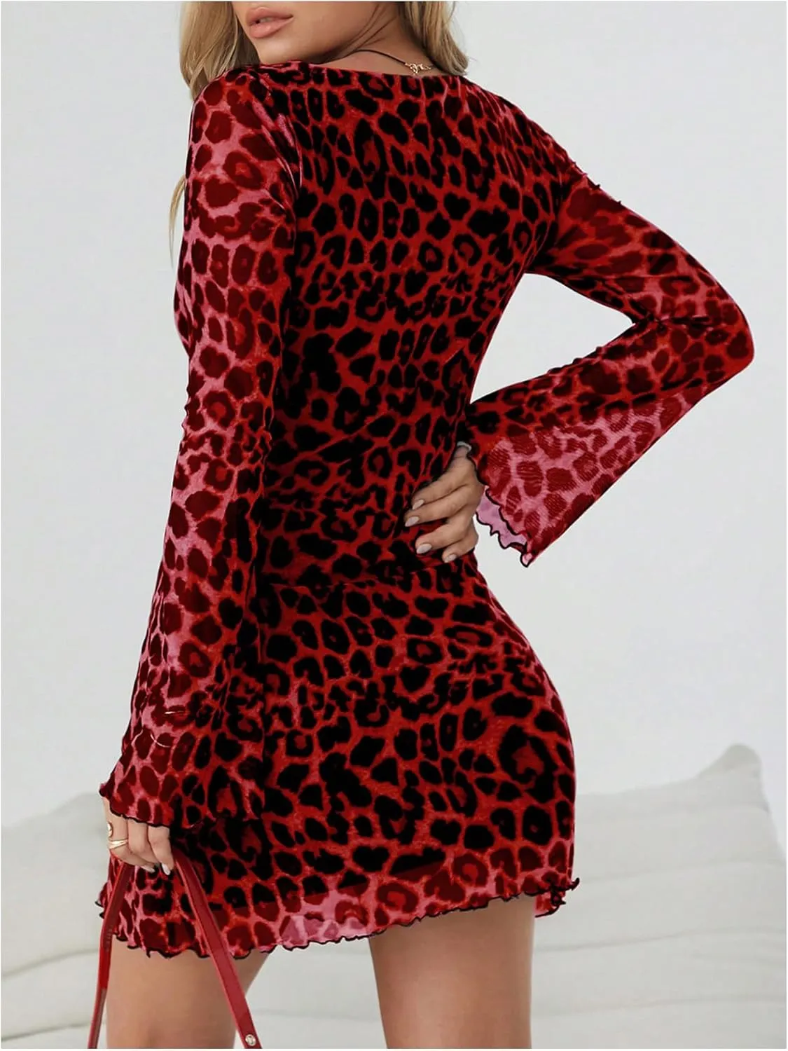 Milumia Women's Leopard Print Mesh Mini Dress Cheetah Long Bell Sleeve Short Dresses