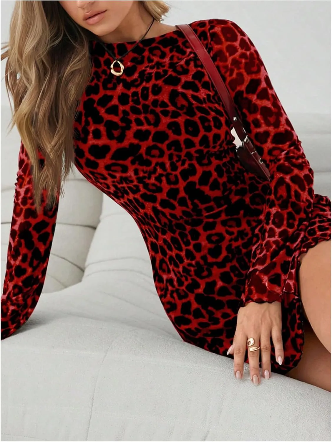 Milumia Women's Leopard Print Mesh Mini Dress Cheetah Long Bell Sleeve Short Dresses