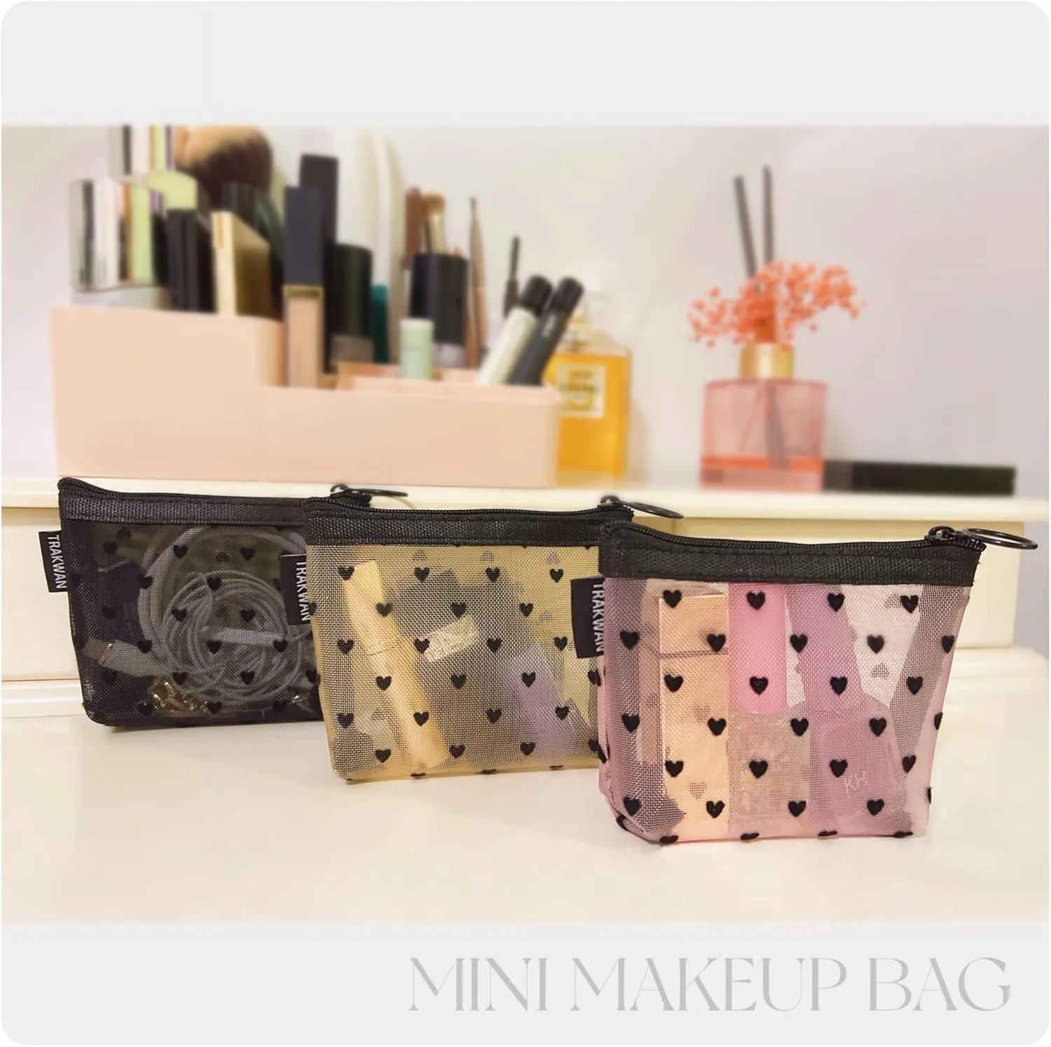 Mini Heart Makeup Bag Set, Zipper Mesh Cosmetic Bags for Women, Makeup Lipstick Cosmetic Accessories Organizer Bag, Multicolor-6pcs