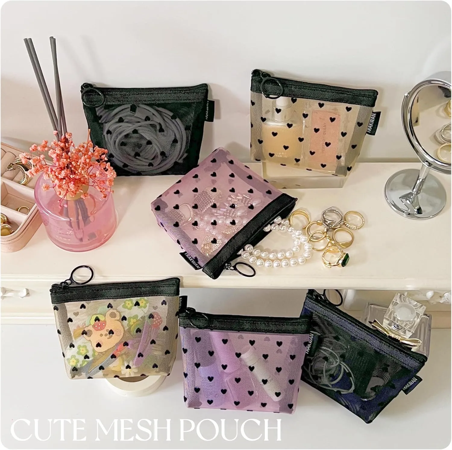 Mini Heart Makeup Bag Set, Zipper Mesh Cosmetic Bags for Women, Makeup Lipstick Cosmetic Accessories Organizer Bag, Multicolor-6pcs