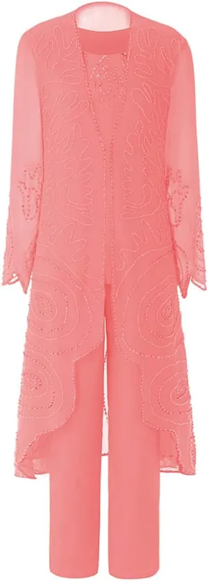 Mother of Brides Pant Suits Chiffon Beads Women Pants Suits for Wedding 3pcs Plus Size