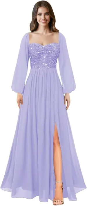 MYDRESS Long Sleeve Prom Dresses for Women Sequin Evening Dress Chiffon A Line Formal Evening Party Gowns with Slit
