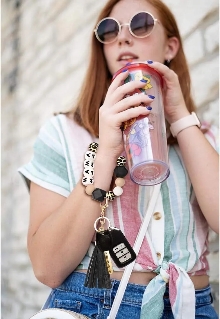 NVENF Silicone Key Ring Bracelet Beaded Wrislet Keychain Portable House Car Keys Ring Holder