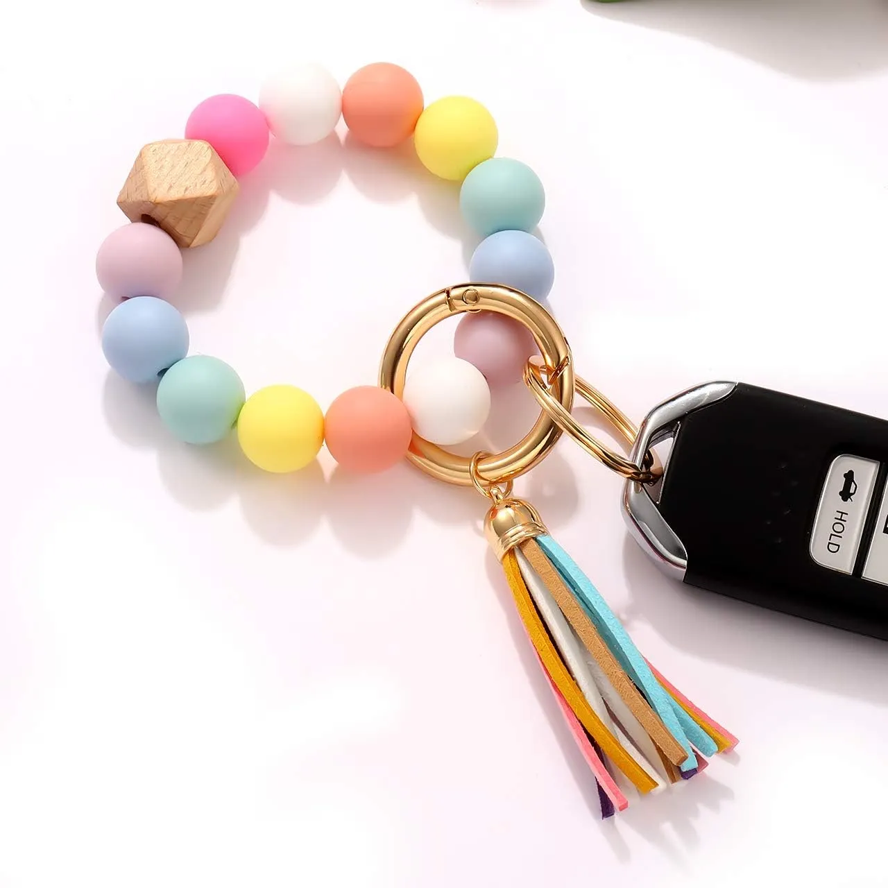 NVENF Silicone Key Ring Bracelet Beaded Wrislet Keychain Portable House Car Keys Ring Holder