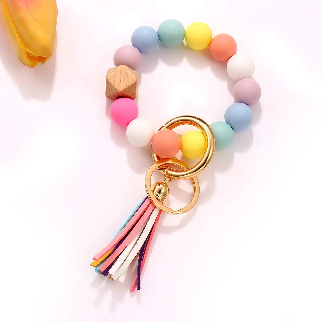 NVENF Silicone Key Ring Bracelet Beaded Wrislet Keychain Portable House Car Keys Ring Holder