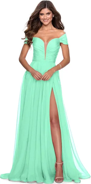 Off The Shoulder Evening Gowns Chiffon Split Pleated A line Long for Women Formal 2021 Mint One Size