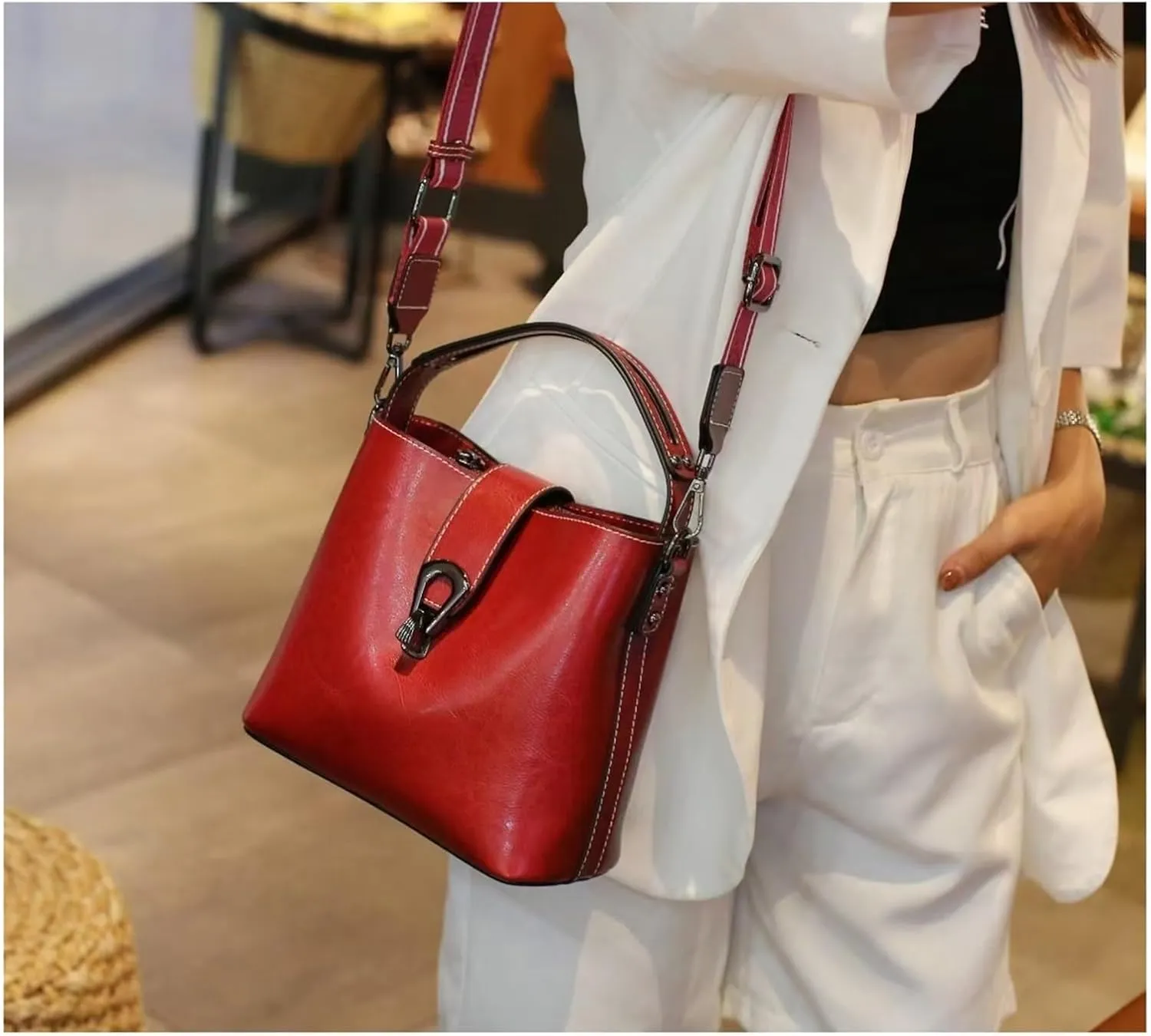 Oil Wax Leather Women's Bucket Bag Casual and Simple Handbag Large Capacity Ladies Cowhide Fashionable Crossbody
