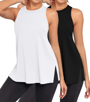 Pima Cotton Racerback Yoga Tops Woman Side Split Athletic Workout Tank Tops Loose Fit Moisture Wicking 2 Pack